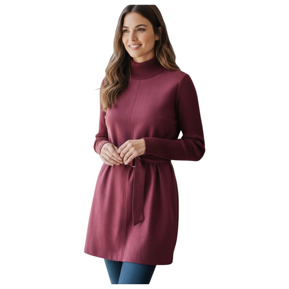ANN TAYLOR Burgundy Faux Suede Knit Belted Tunic Women's Size Medium